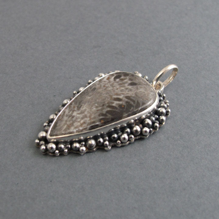 Fossil Coral Pendant Sterling Silver, Oxidized Granulation, Gray Tan, Pattern Necklace, One of a Kind