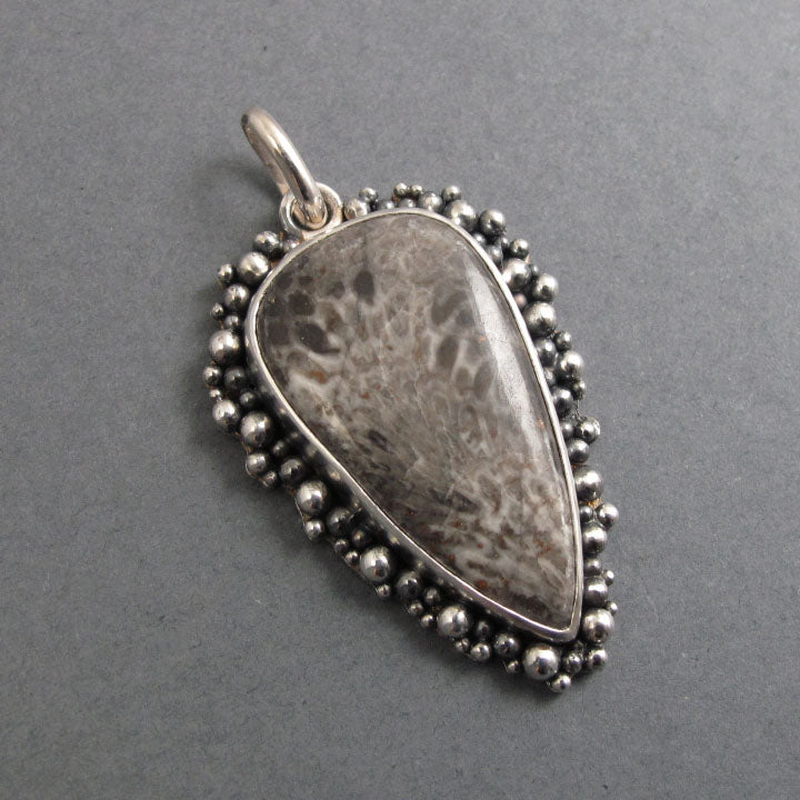 Fossil Coral Pendant Sterling Silver, Oxidized Granulation, Gray Tan, Pattern Necklace, One of a Kind