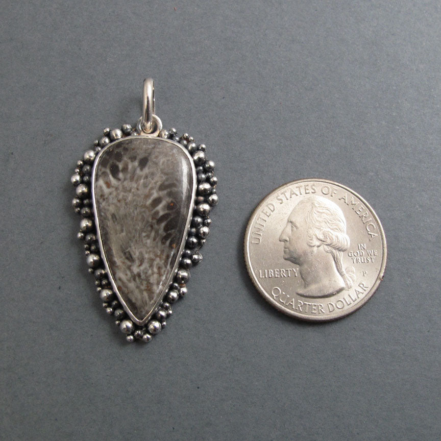 Fossil Coral Pendant Sterling Silver, Oxidized Granulation, Gray Tan, Pattern Necklace, One of a Kind