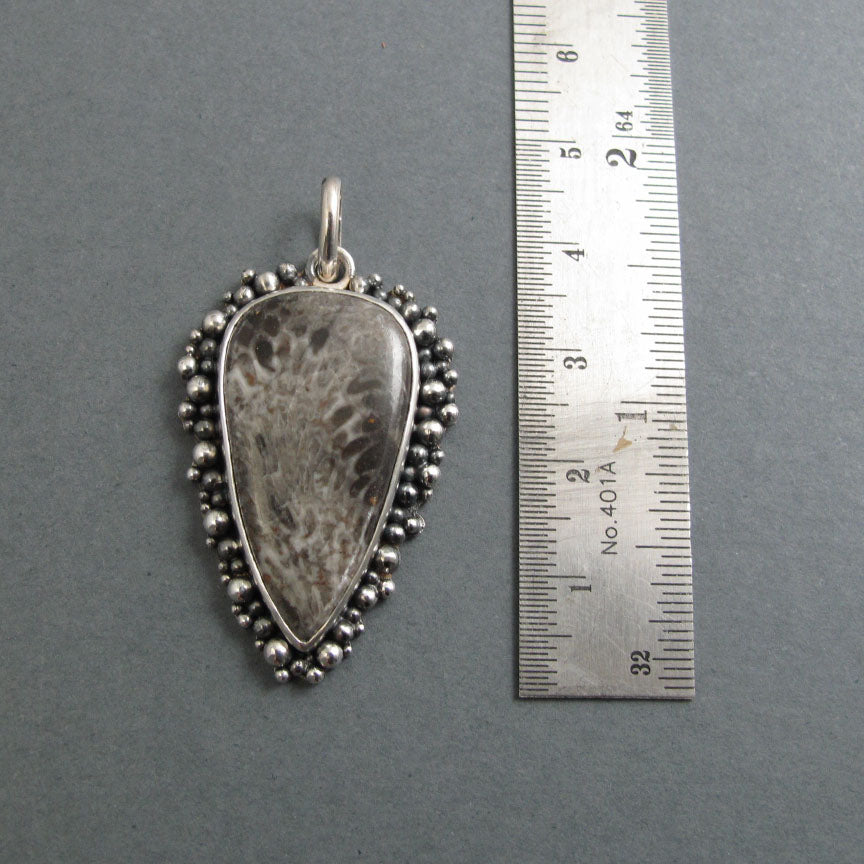 Fossil Coral Pendant Sterling Silver, Oxidized Granulation, Gray Tan, Pattern Necklace, One of a Kind