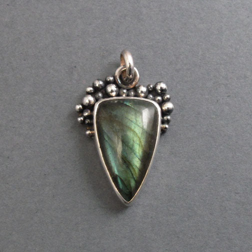 Labradorite Pendant, Sterling Silver, Oxidized Granulation, Green Teal Flash, Triangle Artisan Necklace