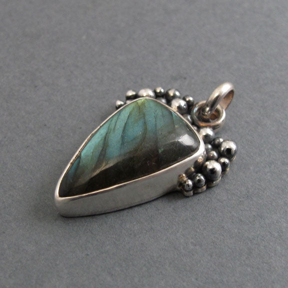 Labradorite Pendant, Sterling Silver, Oxidized Granulation, Green Teal Flash, Triangle Artisan Necklace