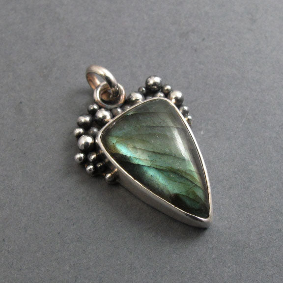 Labradorite Pendant, Sterling Silver, Oxidized Granulation, Green Teal Flash, Triangle Artisan Necklace