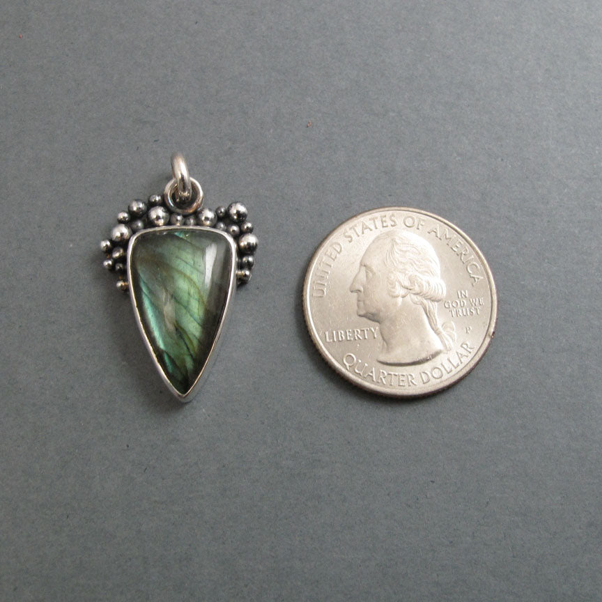 Labradorite Pendant, Sterling Silver, Oxidized Granulation, Green Teal Flash, Triangle Artisan Necklace