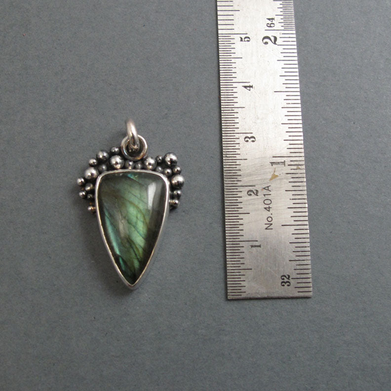 Labradorite Pendant, Sterling Silver, Oxidized Granulation, Green Teal Flash, Triangle Artisan Necklace