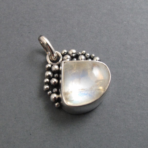 Rainbow Moonstone Pendant, Sterling Silver, Oxidized Granulation, Teardrop Necklace, One of a Kind, Wearable Art