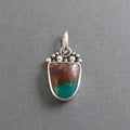 Petrified Wood Pendant, Sterling Silver, Opalized Wood, Oxidized Granulation, Red Teal Shield, Artisan Necklace
