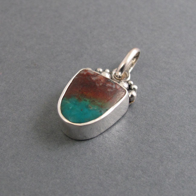 Petrified Wood Pendant, Sterling Silver, Opalized Wood, Oxidized Granulation, Red Teal Shield, Artisan Necklace