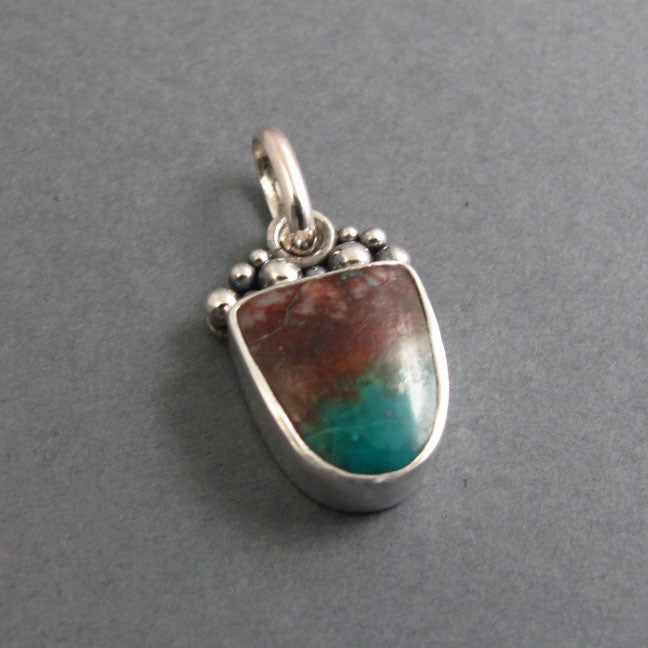 Petrified Wood Pendant, Sterling Silver, Opalized Wood, Oxidized Granulation, Red Teal Shield, Artisan Necklace