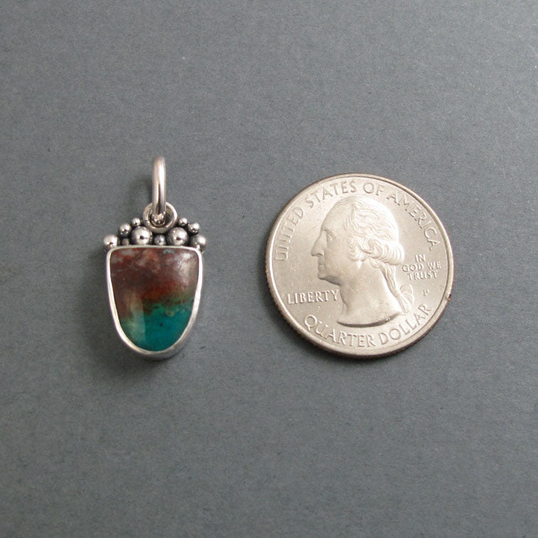 Petrified Wood Pendant, Sterling Silver, Opalized Wood, Oxidized Granulation, Red Teal Shield, Artisan Necklace