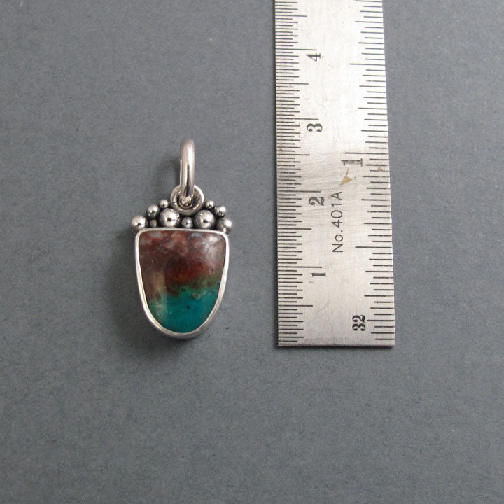Petrified Wood Pendant, Sterling Silver, Opalized Wood, Oxidized Granulation, Red Teal Shield, Artisan Necklace