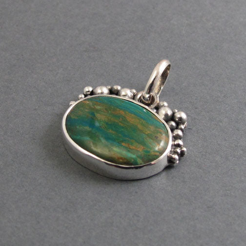 Peruvian Boulder Opal Pendant Sterling Silver, Oxidized Granulation, Teal Green, Oval Boho Style Necklace
