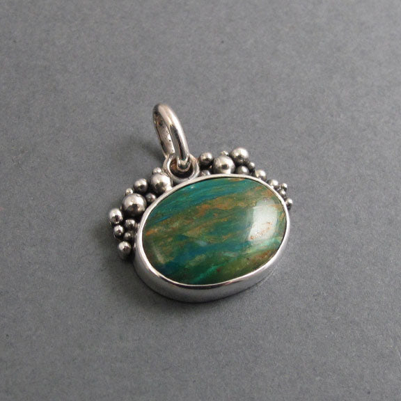 Peruvian Boulder Opal Pendant Sterling Silver, Oxidized Granulation, Teal Green, Oval Boho Style Necklace