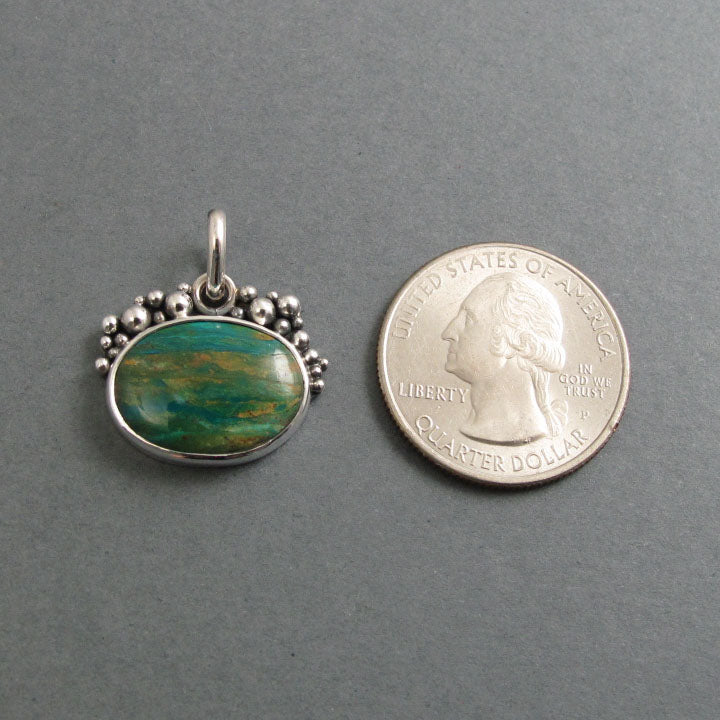 Peruvian Boulder Opal Pendant Sterling Silver, Oxidized Granulation, Teal Green, Oval Boho Style Necklace