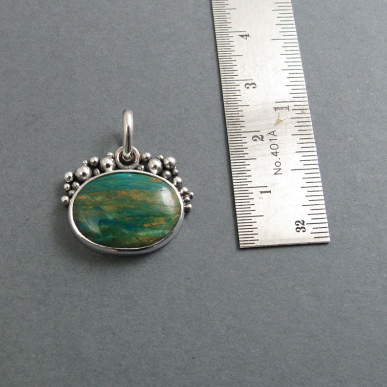 Peruvian Boulder Opal Pendant Sterling Silver, Oxidized Granulation, Teal Green, Oval Boho Style Necklace