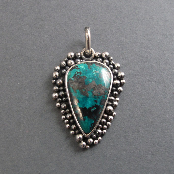 Shattuckite Pendant, Sterling Silver, Oxidized Granulation Setting, Teal Green Statement Necklace, One of a Kind