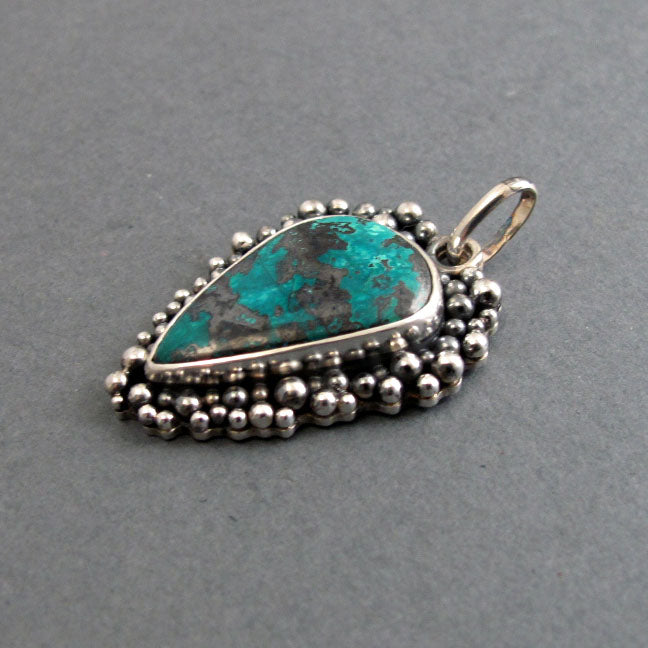 Shattuckite Pendant, Sterling Silver, Oxidized Granulation Setting, Teal Green Statement Necklace, One of a Kind