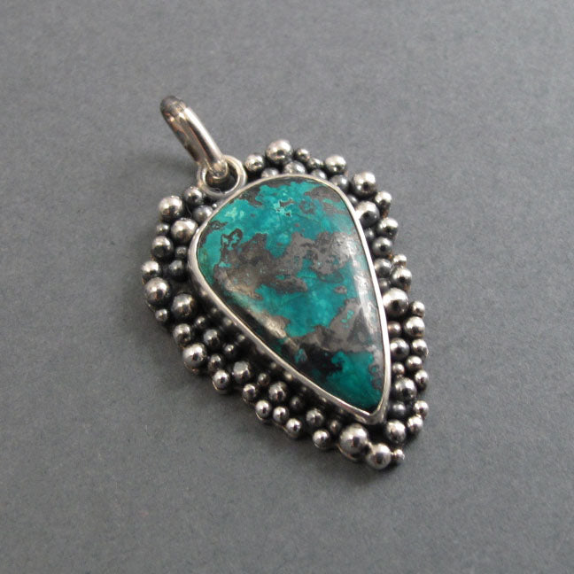 Shattuckite Pendant, Sterling Silver, Oxidized Granulation Setting, Teal Green Statement Necklace, One of a Kind
