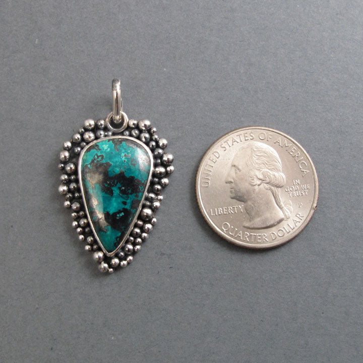 Shattuckite Pendant, Sterling Silver, Oxidized Granulation Setting, Teal Green Statement Necklace, One of a Kind