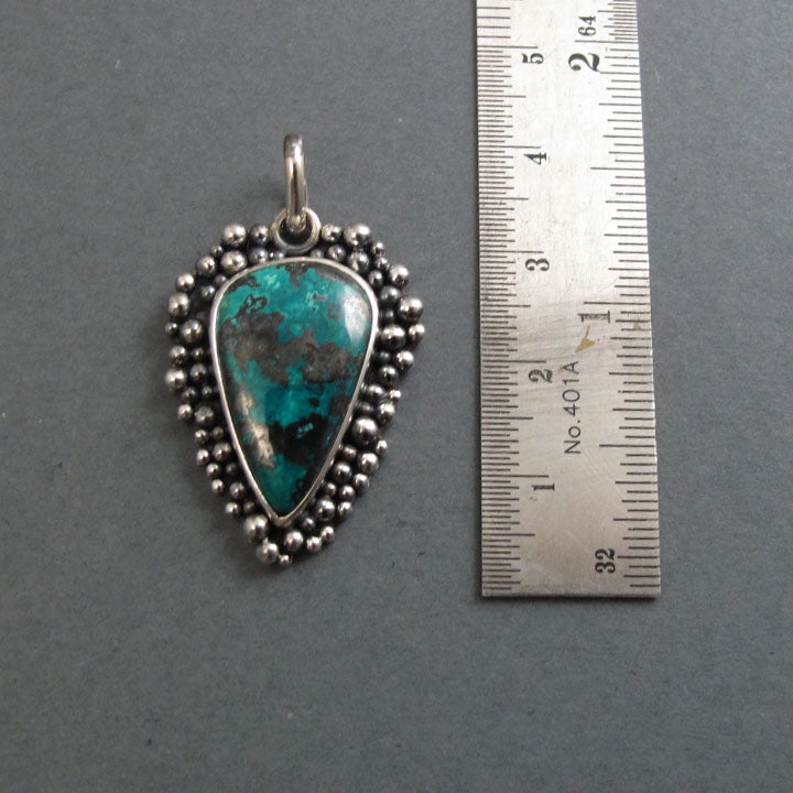 Shattuckite Pendant, Sterling Silver, Oxidized Granulation Setting, Teal Green Statement Necklace, One of a Kind