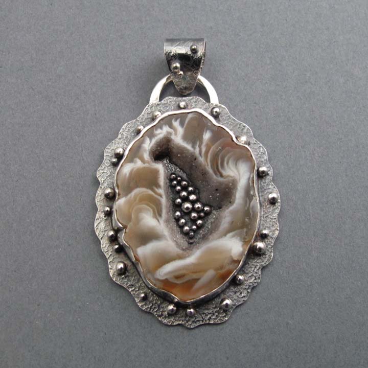 Agate Geode Pendant, Sterling Silver, Brown White Gem Slice, Handmade Art Jewelry, Natural Stone
