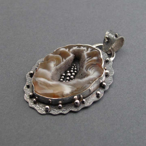 Agate Geode Pendant, Sterling Silver, Brown White Gem Slice, Handmade Art Jewelry, Natural Stone