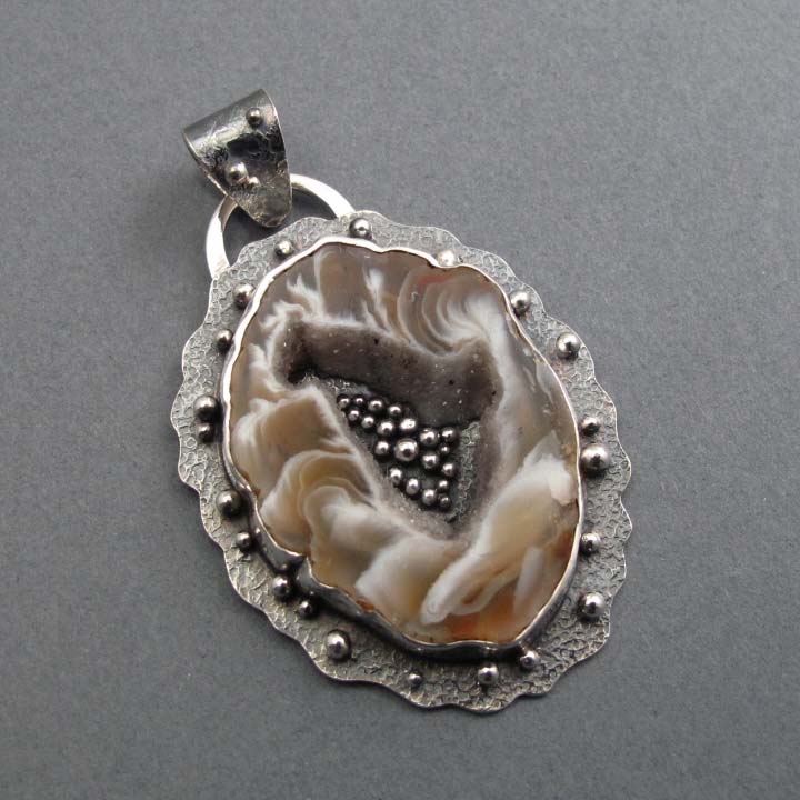 Agate Geode Pendant, Sterling Silver, Brown White Gem Slice, Handmade Art Jewelry, Natural Stone