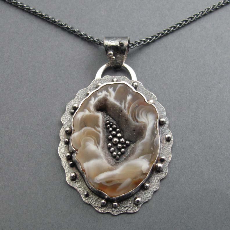 Agate Geode Pendant, Sterling Silver, Brown White Gem Slice, Handmade Art Jewelry, Natural Stone
