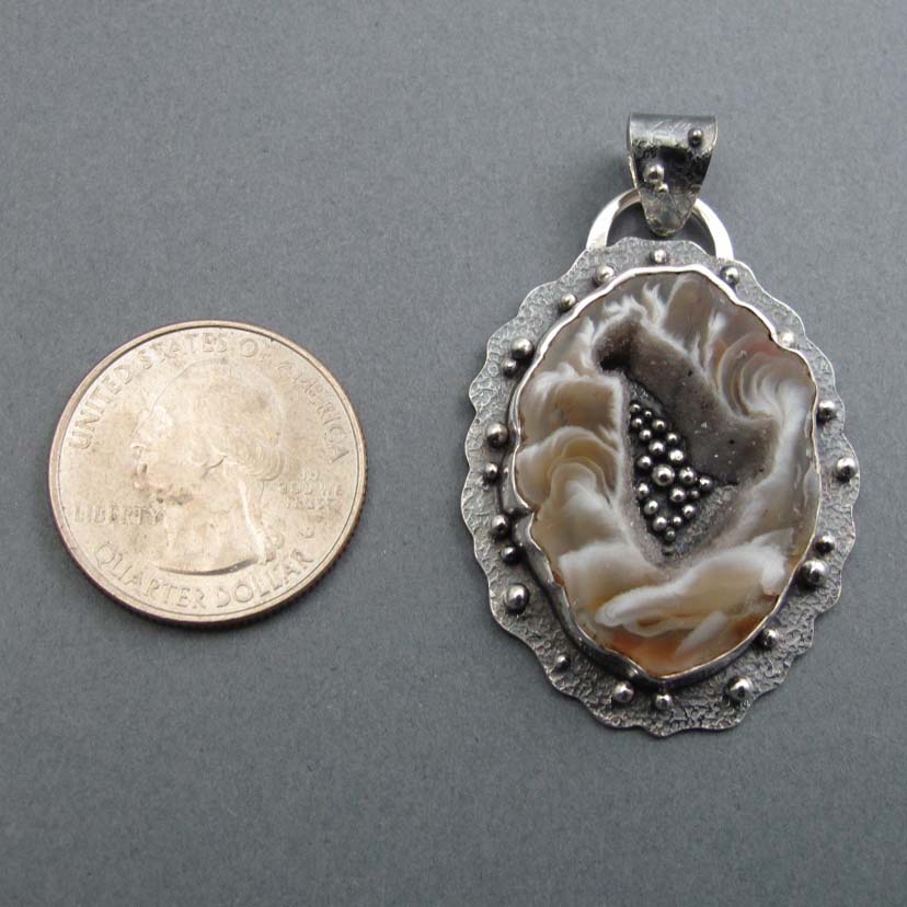 Agate Geode Pendant, Sterling Silver, Brown White Gem Slice, Handmade Art Jewelry, Natural Stone