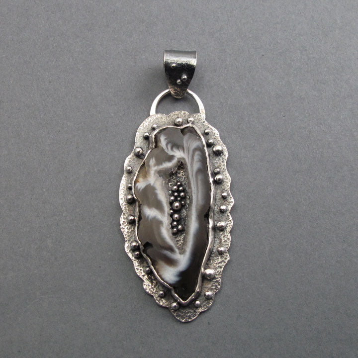 Gray Agate Geode Pendant, Sterling Silver, Handmade Artisan Design, Black White Art Jewelry Necklace