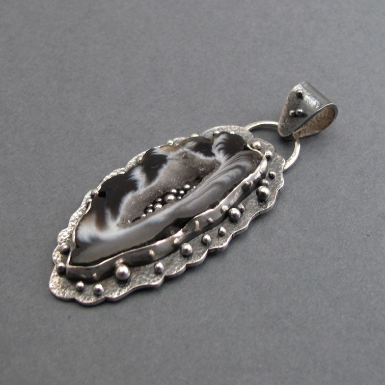 Gray Agate Geode Pendant, Sterling Silver, Handmade Artisan Design, Black White Art Jewelry Necklace