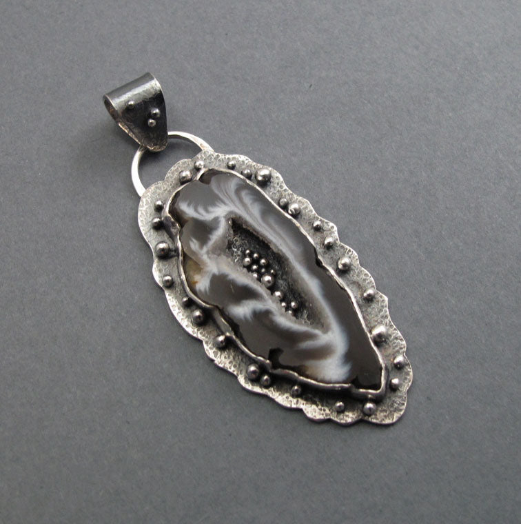 Gray Agate Geode Pendant, Sterling Silver, Handmade Artisan Design, Black White Art Jewelry Necklace