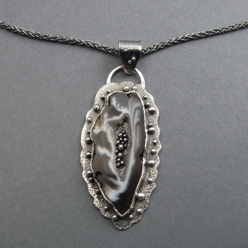 Gray Agate Geode Pendant, Sterling Silver, Handmade Artisan Design, Black White Art Jewelry Necklace