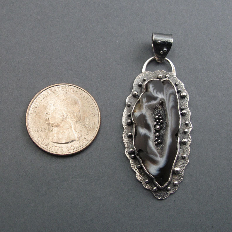 Gray Agate Geode Pendant, Sterling Silver, Handmade Artisan Design, Black White Art Jewelry Necklace