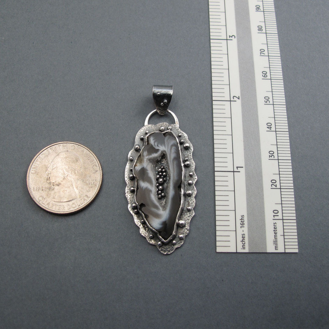 Gray Agate Geode Pendant, Sterling Silver, Handmade Artisan Design, Black White Art Jewelry Necklace
