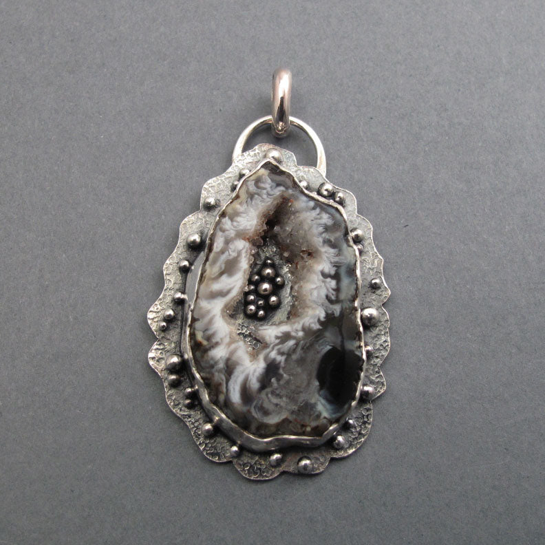 Agate Geode Pendant, Sterling Silver, Black White Druzy Slice, Handmade Art Jewelry, Statement Necklace