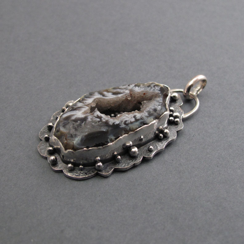 Agate Geode Pendant, Sterling Silver, Black White Druzy Slice, Handmade Art Jewelry, Statement Necklace