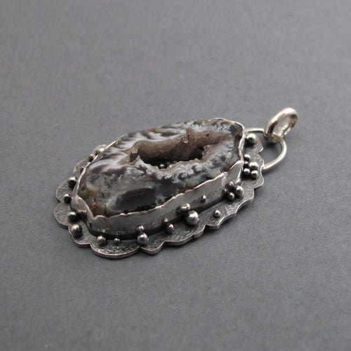 Agate Geode Pendant, Sterling Silver, Black White Druzy Slice, Handmade Art Jewelry, Statement Necklace