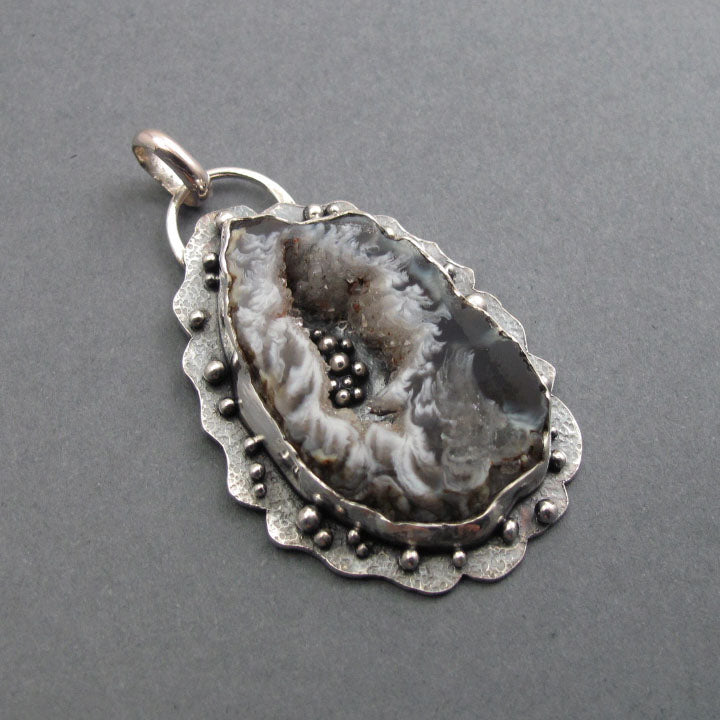 Agate Geode Pendant, Sterling Silver, Black White Druzy Slice, Handmade Art Jewelry, Statement Necklace