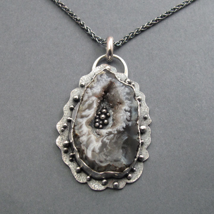 Agate Geode Pendant, Sterling Silver, Black White Druzy Slice, Handmade Art Jewelry, Statement Necklace