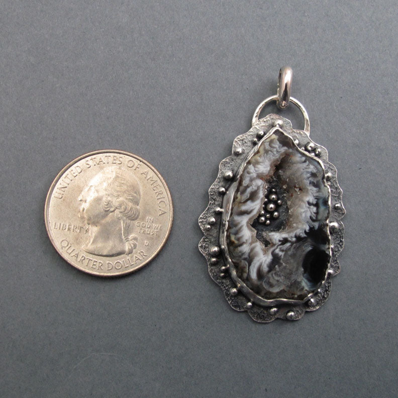 Agate Geode Pendant, Sterling Silver, Black White Druzy Slice, Handmade Art Jewelry, Statement Necklace