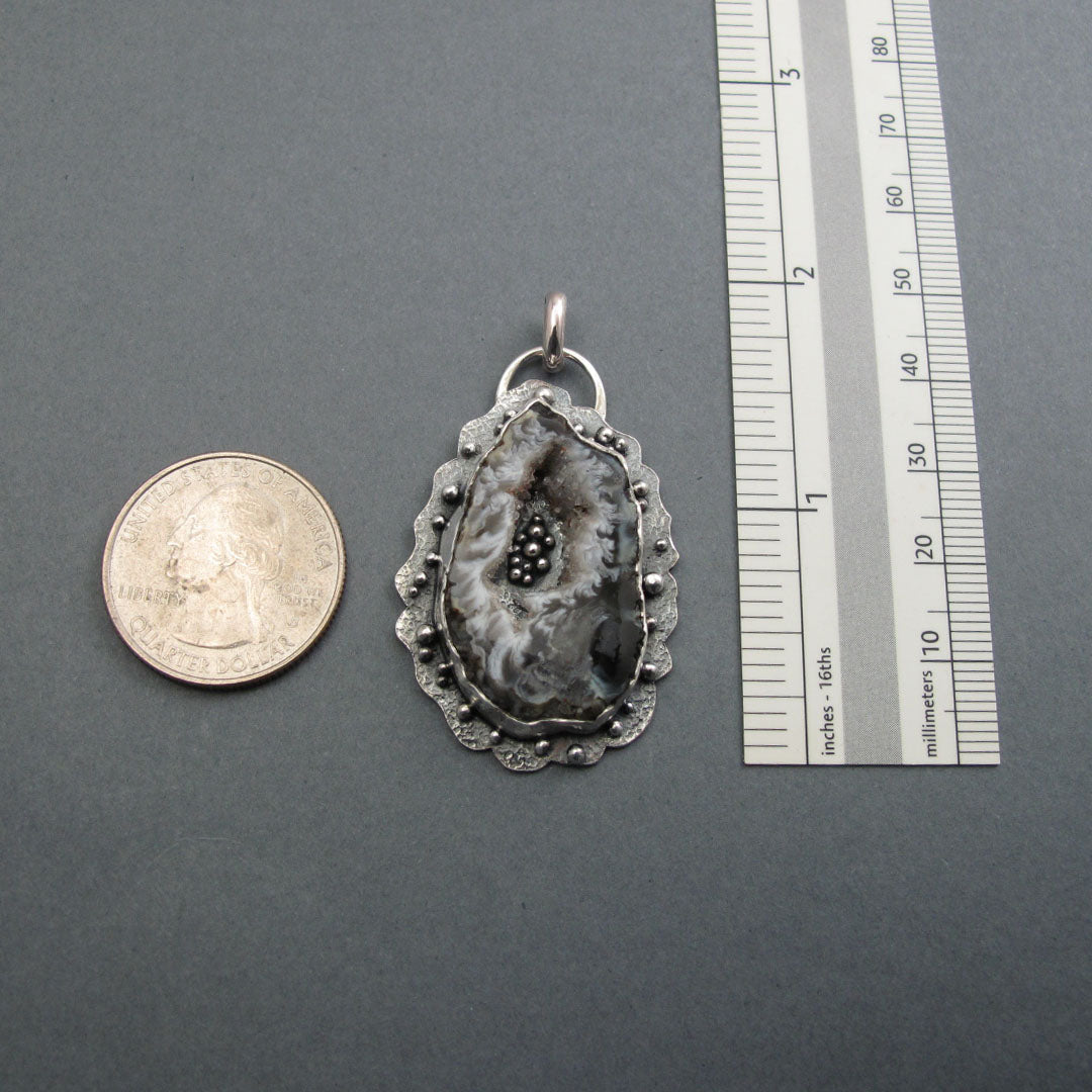 Agate Geode Pendant, Sterling Silver, Black White Druzy Slice, Handmade Art Jewelry, Statement Necklace