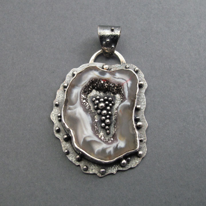 Platinum Druzy Agate Pendant, Sterling Silver, Occo Geode Slice, Handmade Art Jewelry, Natural Stone