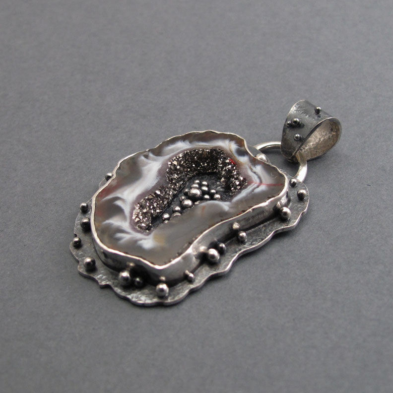 Platinum Druzy Agate Pendant, Sterling Silver, Occo Geode Slice, Handmade Art Jewelry, Natural Stone