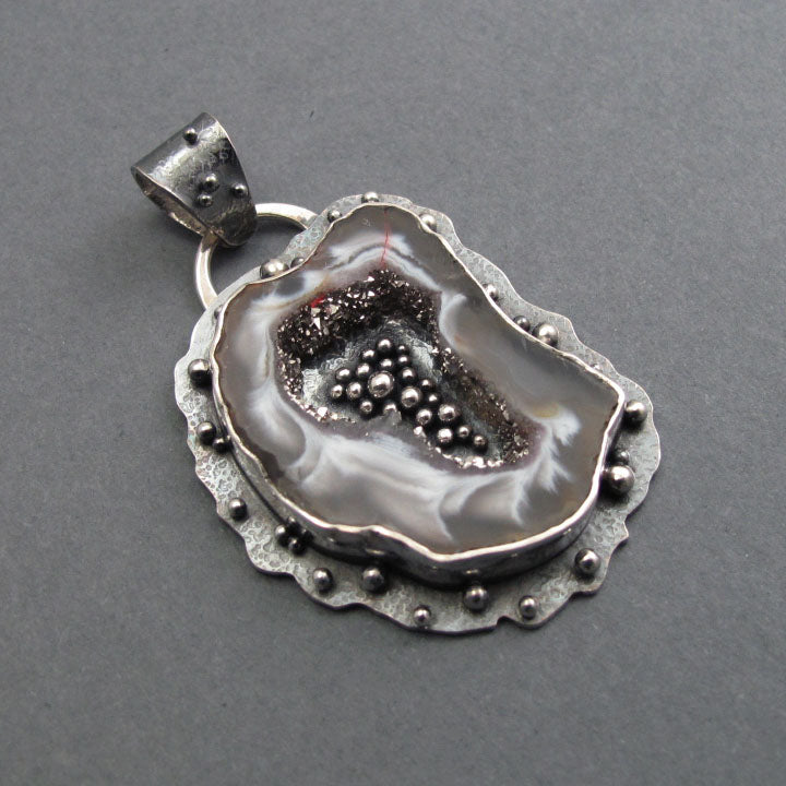 Platinum Druzy Agate Pendant, Sterling Silver, Occo Geode Slice, Handmade Art Jewelry, Natural Stone