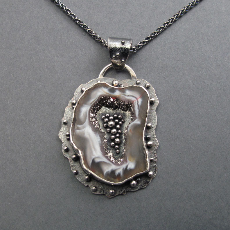 Platinum Druzy Agate Pendant, Sterling Silver, Occo Geode Slice, Handmade Art Jewelry, Natural Stone