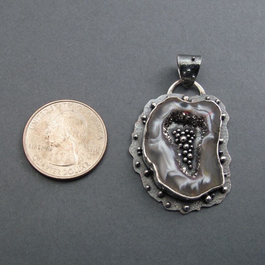 Platinum Druzy Agate Pendant, Sterling Silver, Occo Geode Slice, Handmade Art Jewelry, Natural Stone