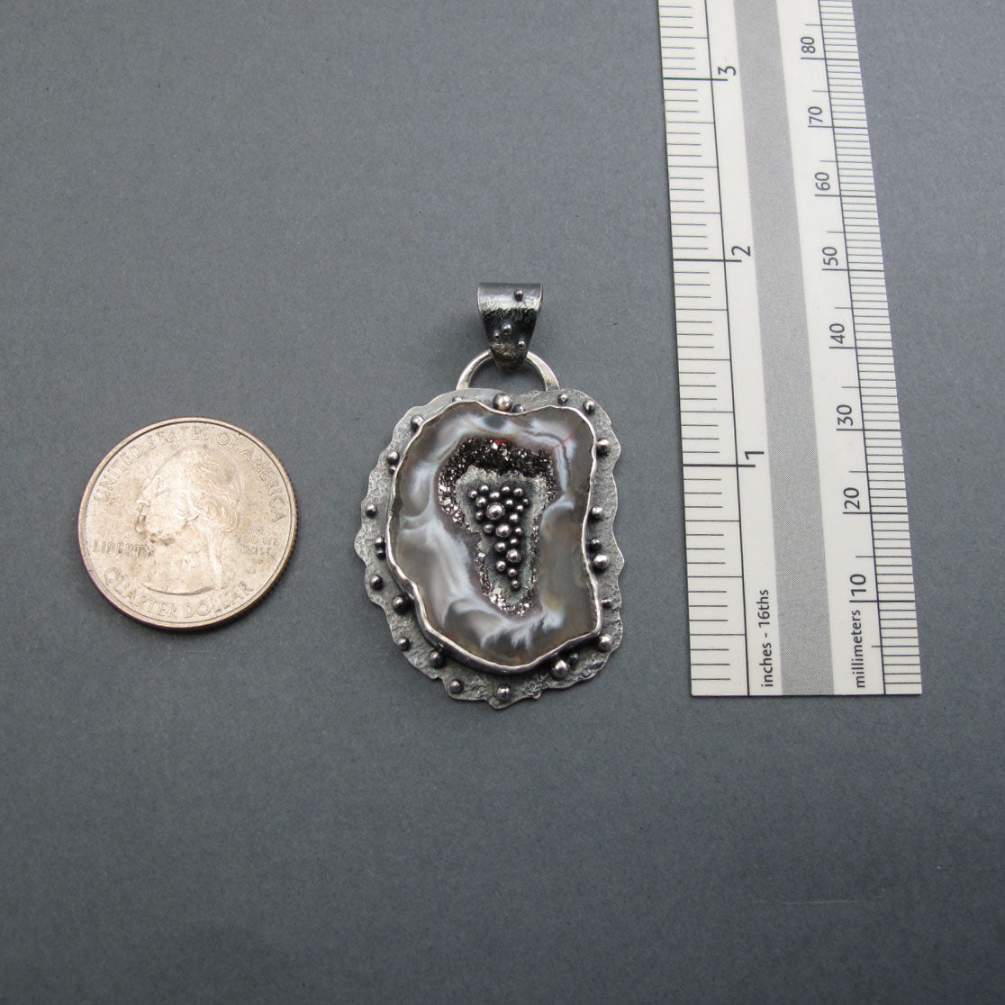 Platinum Druzy Agate Pendant, Sterling Silver, Occo Geode Slice, Handmade Art Jewelry, Natural Stone