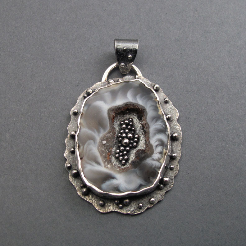Agate Geode, Black White Gray  Sterling Silver Pendant, Druzy Crystal, Art Jewelry, Handcrafted, Natural Gem