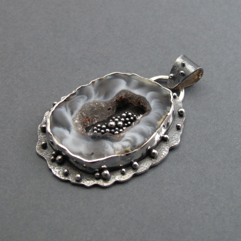 Agate Geode, Black White Gray  Sterling Silver Pendant, Druzy Crystal, Art Jewelry, Handcrafted, Natural Gem